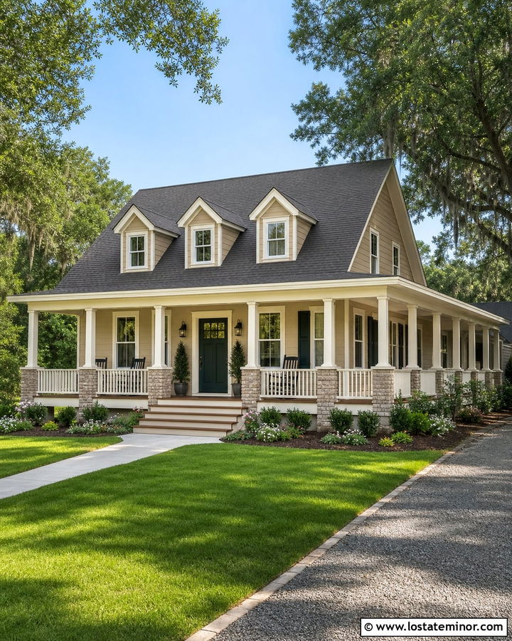Beige House With Wraparound Porch And Dormers - 30 Beige House Design With Dormers Ideas