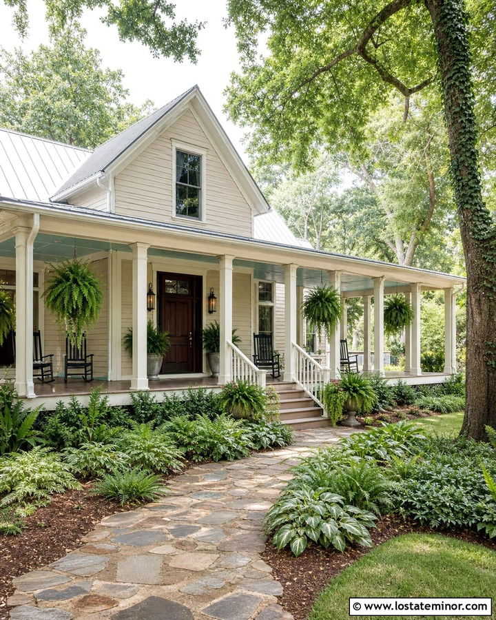 Beige House With Wraparound Porch And Ferns - 30 Beige House Design With Landscaping Ideas