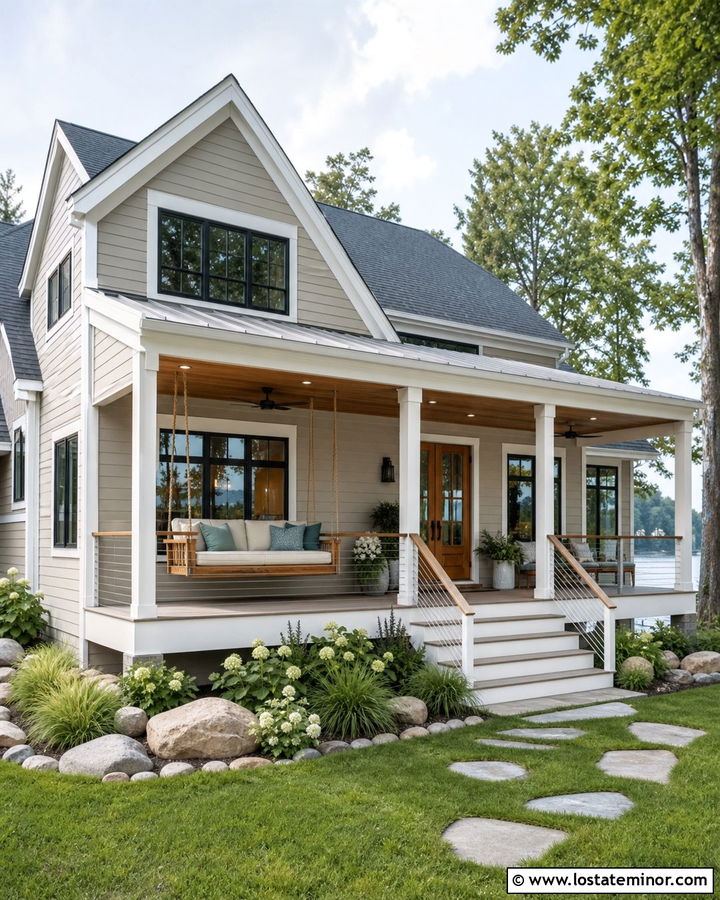 Beige Lake House With Cedar Bed Swing - 30 Beige House Design With Swing Ideas