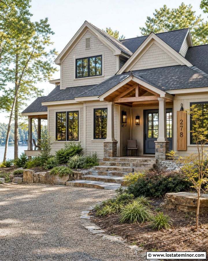 Beige Lake House With Cedar Number Panel - 30 Beige House Design With House Numbers Ideas