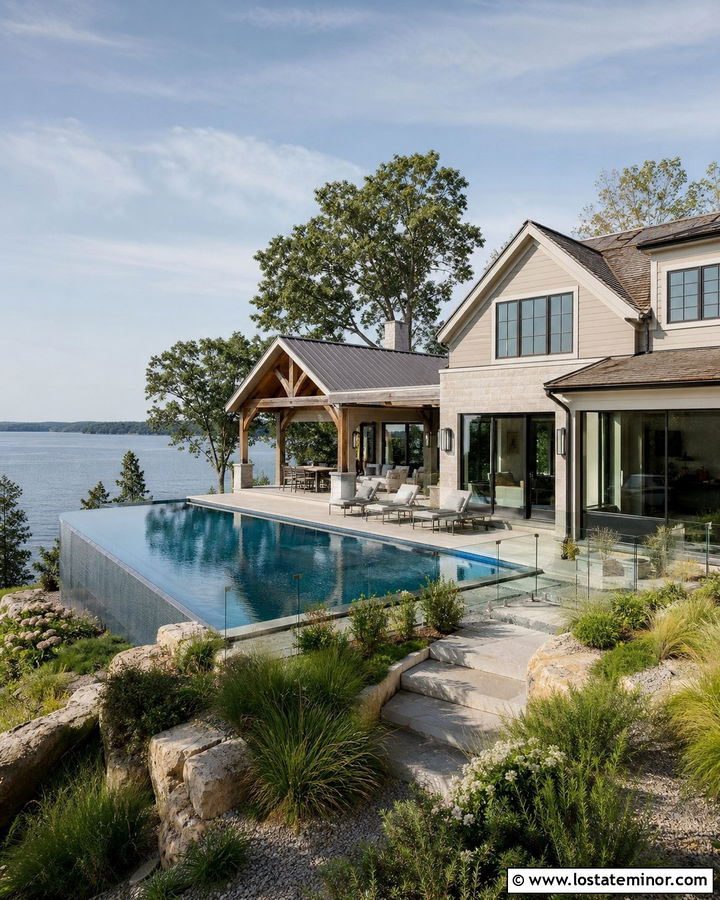 Beige Lake House With Infinity Edge Pool - 30 Beige House Design With Swimming Pool Ideas