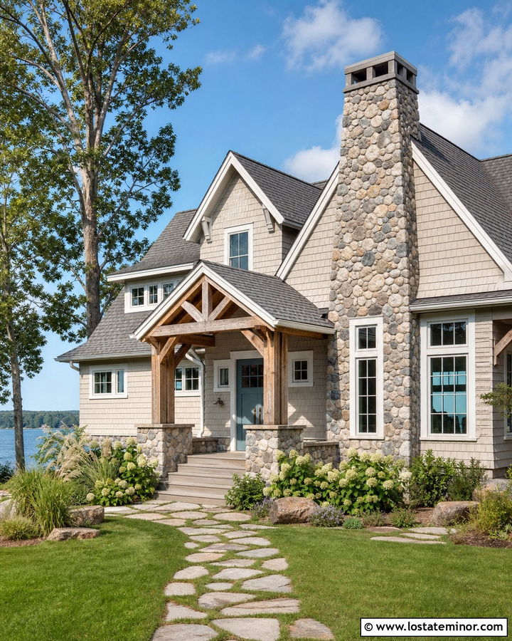 Beige Lake House With Large Stone Chimney - 30 Beige House Design With Chimney Ideas