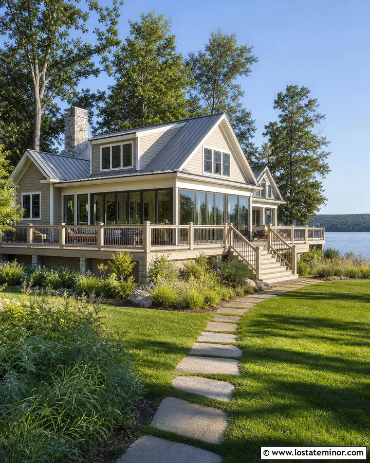 Beige Lake House With Panoramic Sunroom - 30 Beige House Design With Sunroom Ideas