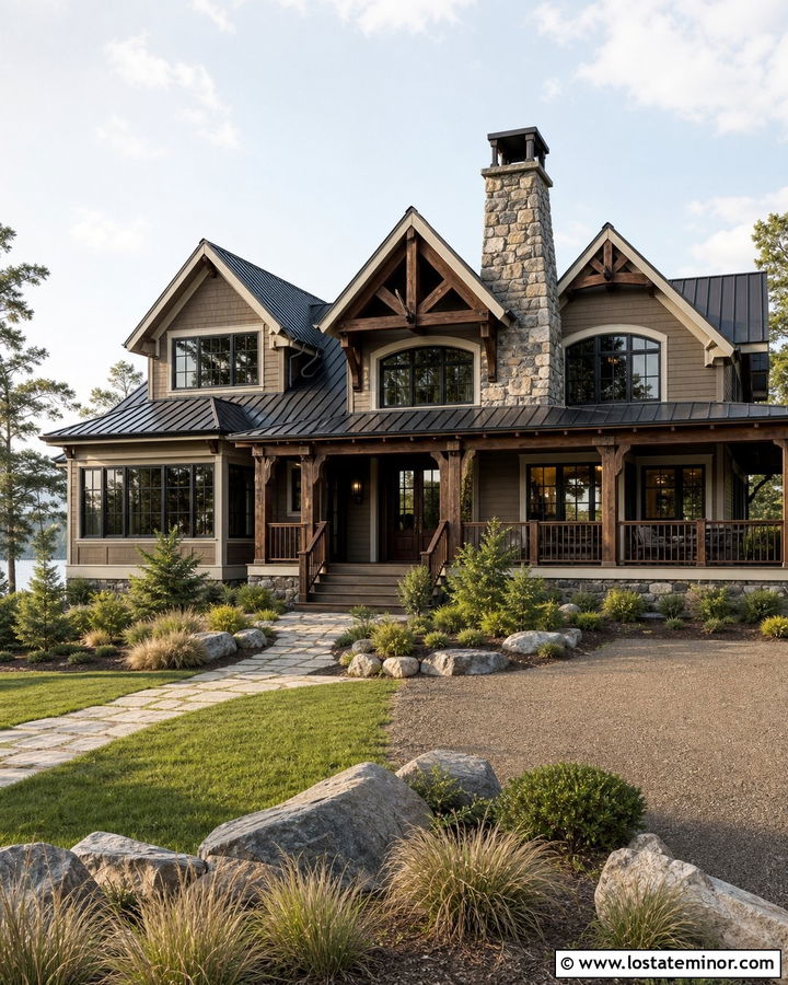 Beige Lake House With Timber Gables - 30 Beige House Design With Gables Ideas