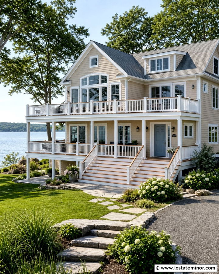 Beige Lake House With White Deck Railings - 30 Beige House Design With Railings Ideas