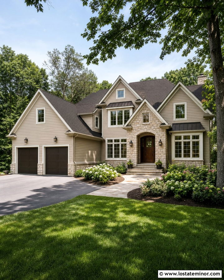Beige Lap Siding With Stone - 30 Beige House Design With Siding Ideas