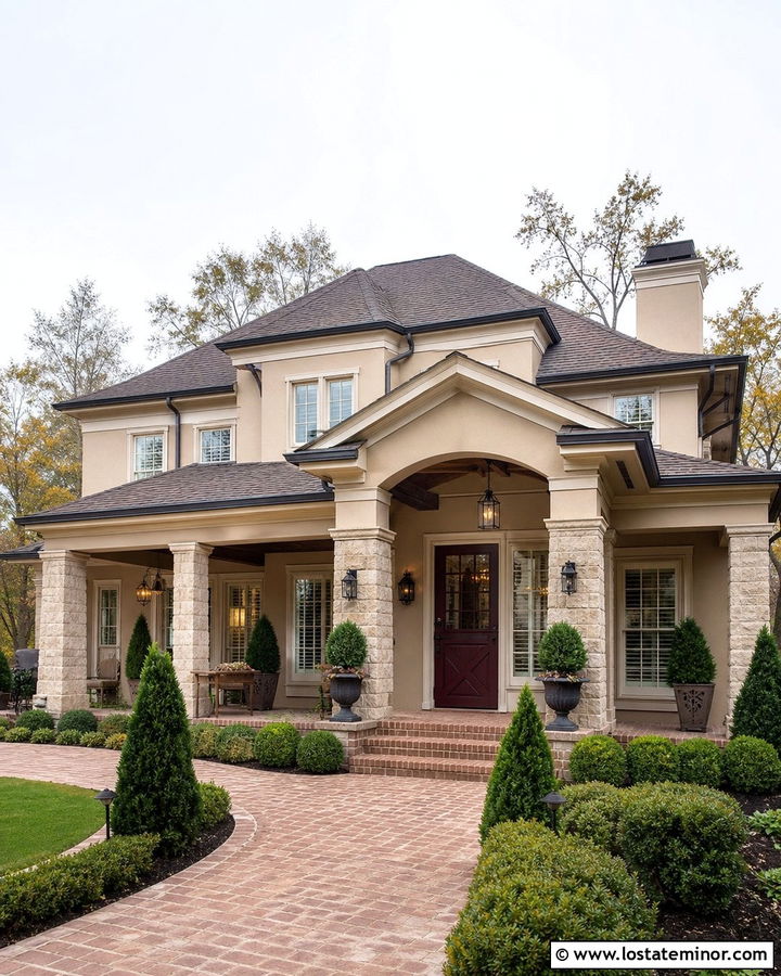 Beige Loggia House With Burgundy Dutch Door - 30 Beige House Design With Dutch Door Ideas