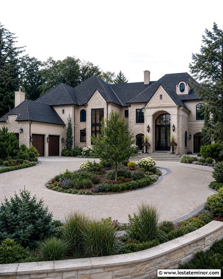Beige Luxury House With Circular Drive Garden - 30 Beige House Design With Front Yard Ideas