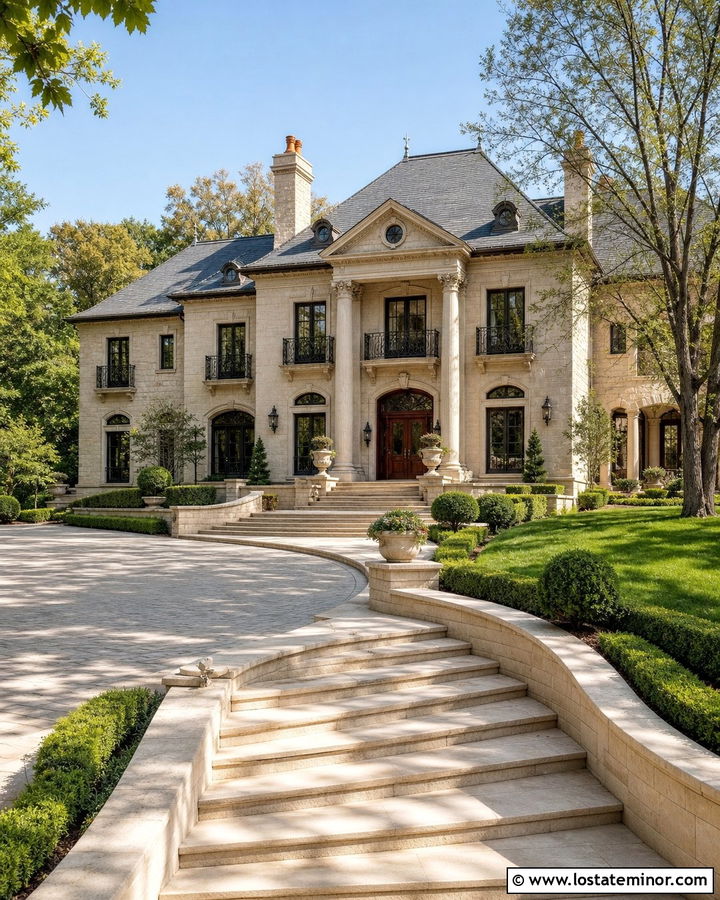 Beige Luxury House With Grand Curved Steps - 30 Beige House Design With Steps Ideas