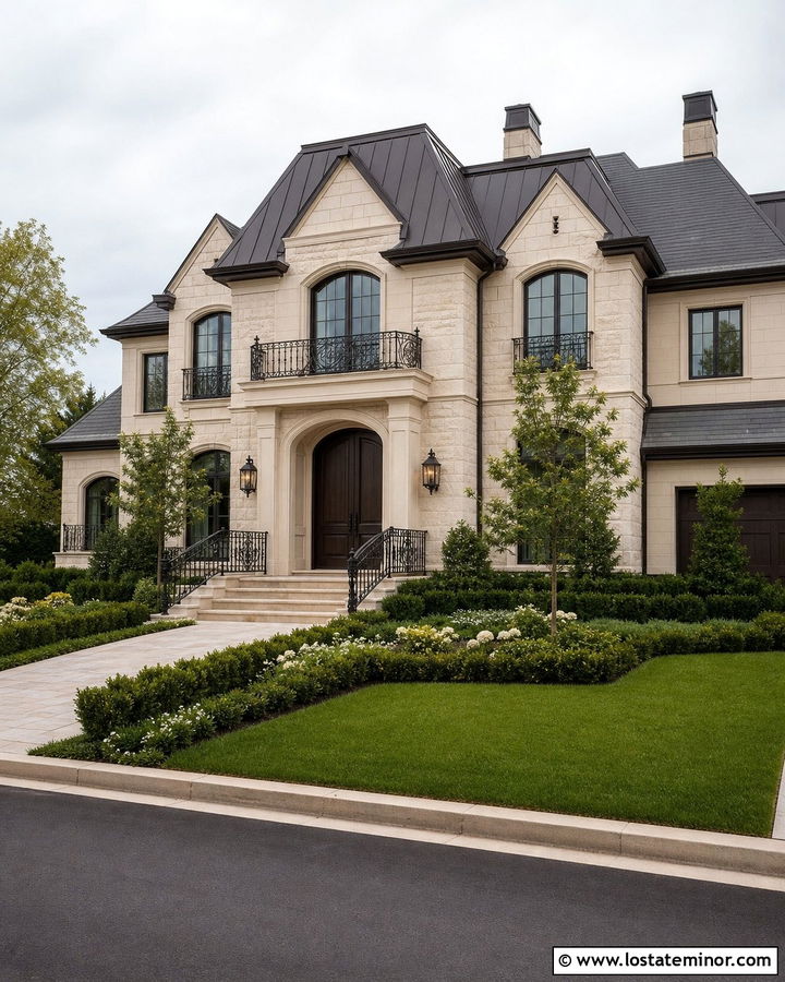 Beige Luxury House With Stone And Iron Railings - 30 Beige House Design With Railings Ideas