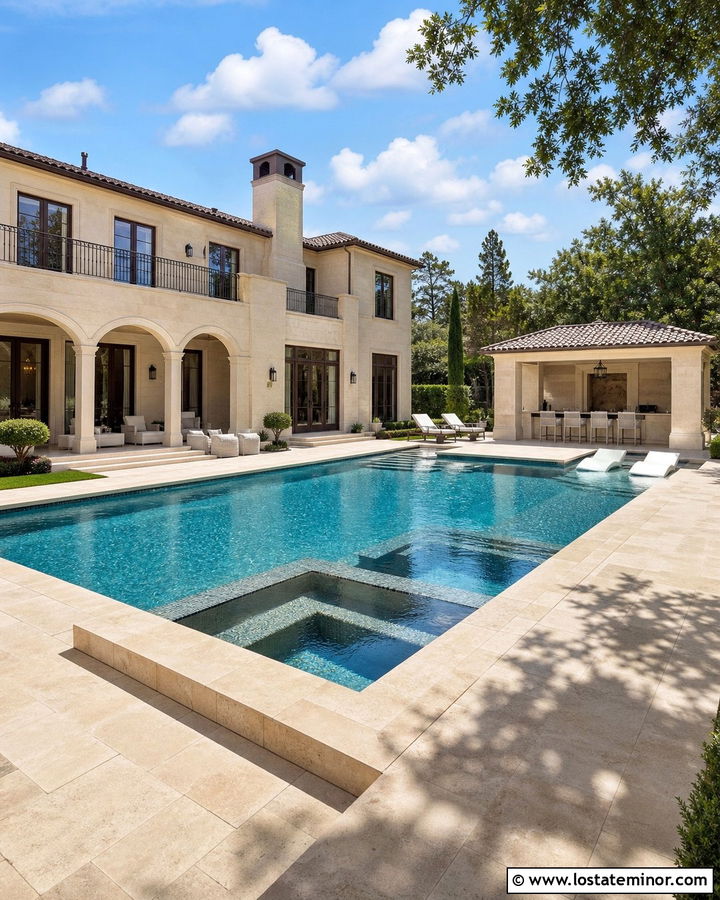 Beige Luxury Villa With Pool Pavilion - 30 Beige House Design With Swimming Pool Ideas