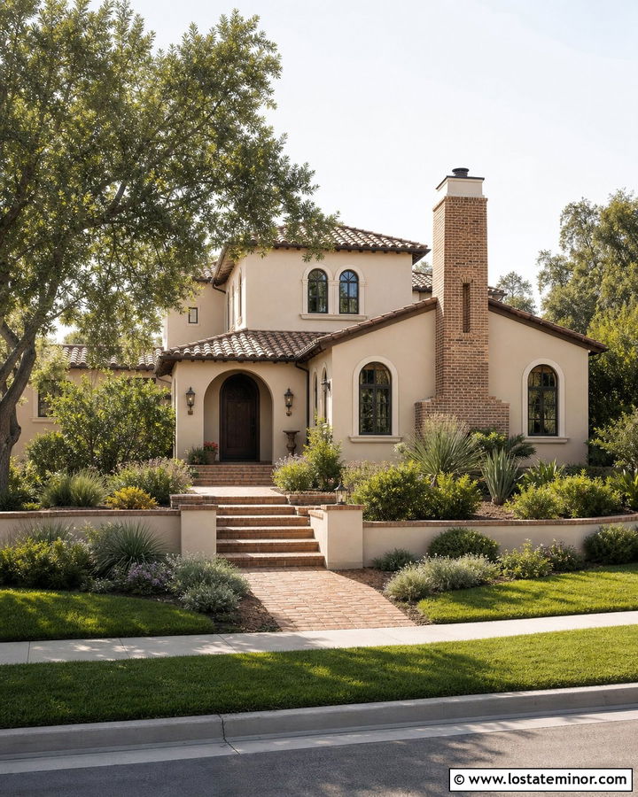 Beige Mediterranean House With Brick Accents - 30 Beige House Design With Brick Accents Ideas