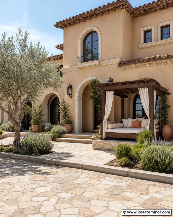 Beige Mediterranean House With Canopy Daybed - 30 Beige House Design With Daybed Ideas