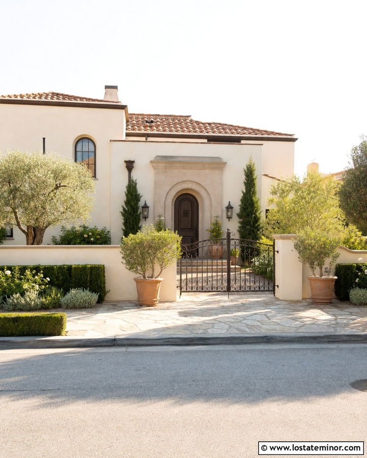 Beige Mediterranean House With Courtyard Entry - 30 Beige House Design With Front Yard Ideas