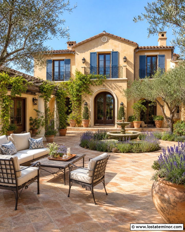 Beige Mediterranean House With Courtyard - 30 Beige House Design With Backyard Ideas