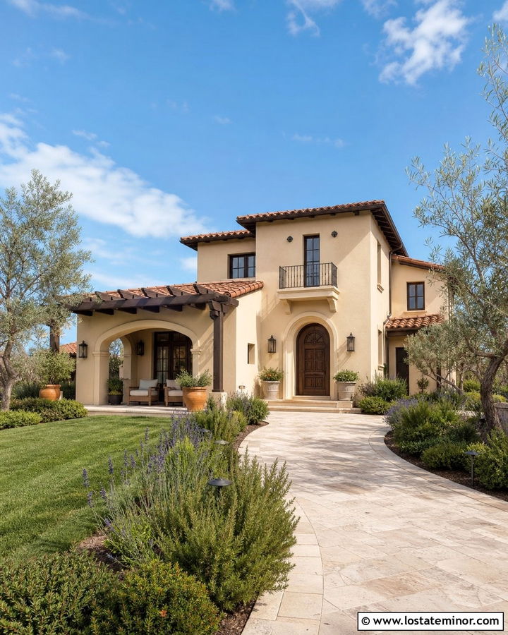 Beige Mediterranean House With Dark Wood Pergola - 30 Beige House Design With Pergola Ideas