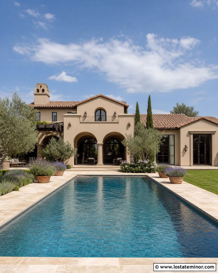 Beige Mediterranean House With Rectangular Pool - 30 Beige House Design With Swimming Pool Ideas