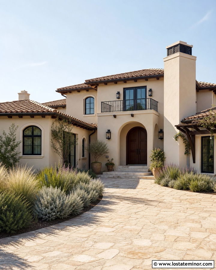 Beige Mediterranean House With Stucco Chimney - 30 Beige House Design With Chimney Ideas