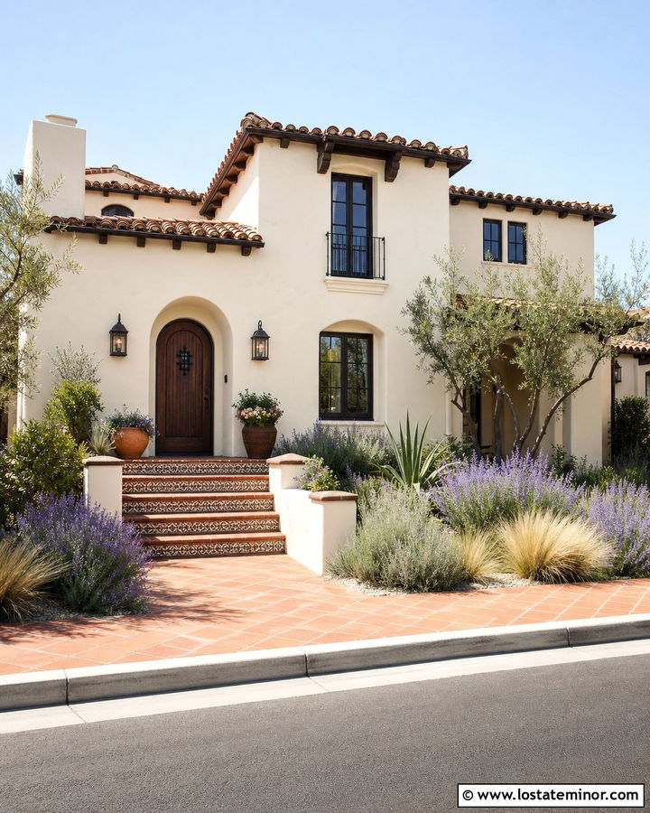 Beige Mediterranean House With Terracotta Walkway - 30 Beige House Design With Walkway Ideas