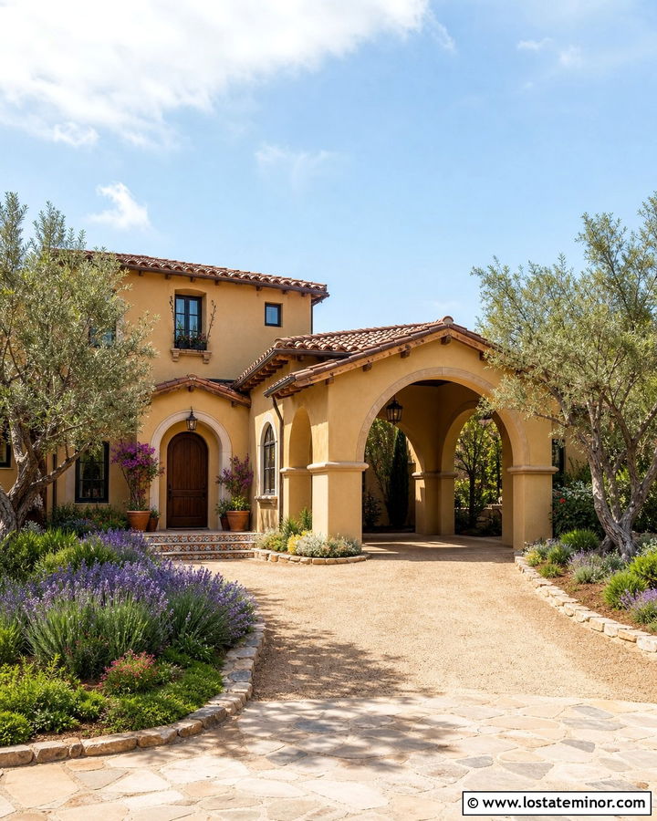 Beige Mediterranean House With Tile Roof Carport - 30 Beige House Design With Carport Ideas