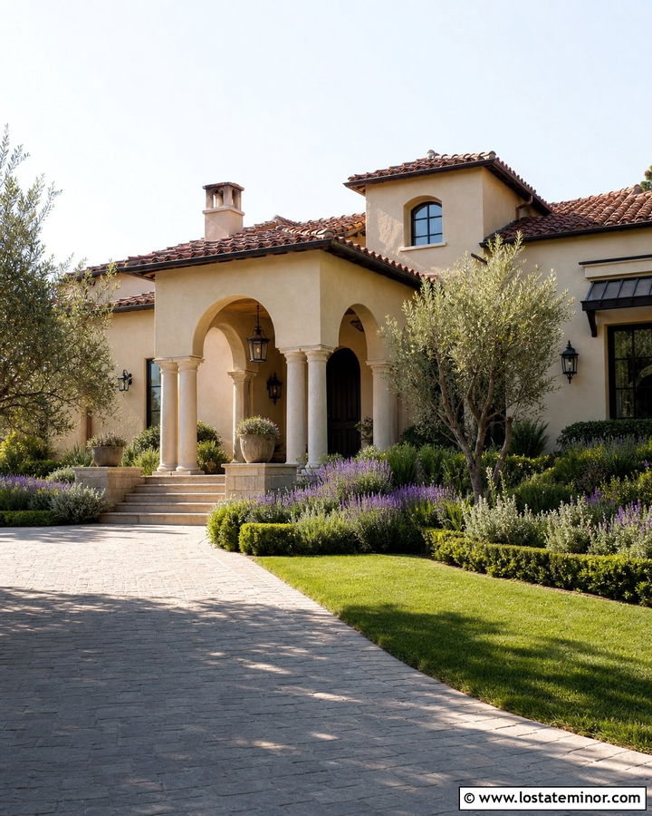 Beige Mediterranean House With Tile Roof Portico - 30 Beige House Design With Portico Ideas