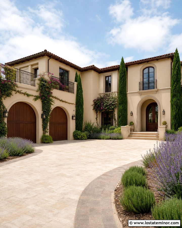 Beige Mediterranean House With Travertine Driveway - 30 Beige House Design With Driveway Ideas