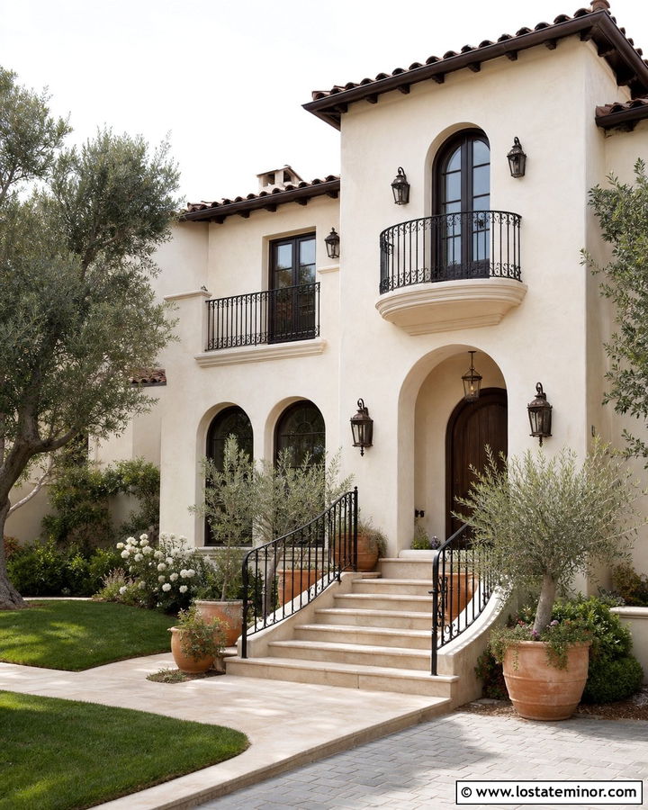 Beige Mediterranean House With Wrought Iron Railings - 30 Beige House Design With Railings Ideas