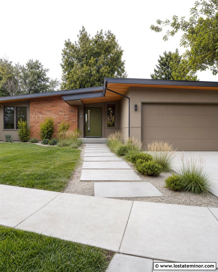 Beige Midcentury House With Brick Accent Wall - 30 Beige House Design With Brick Accents Ideas