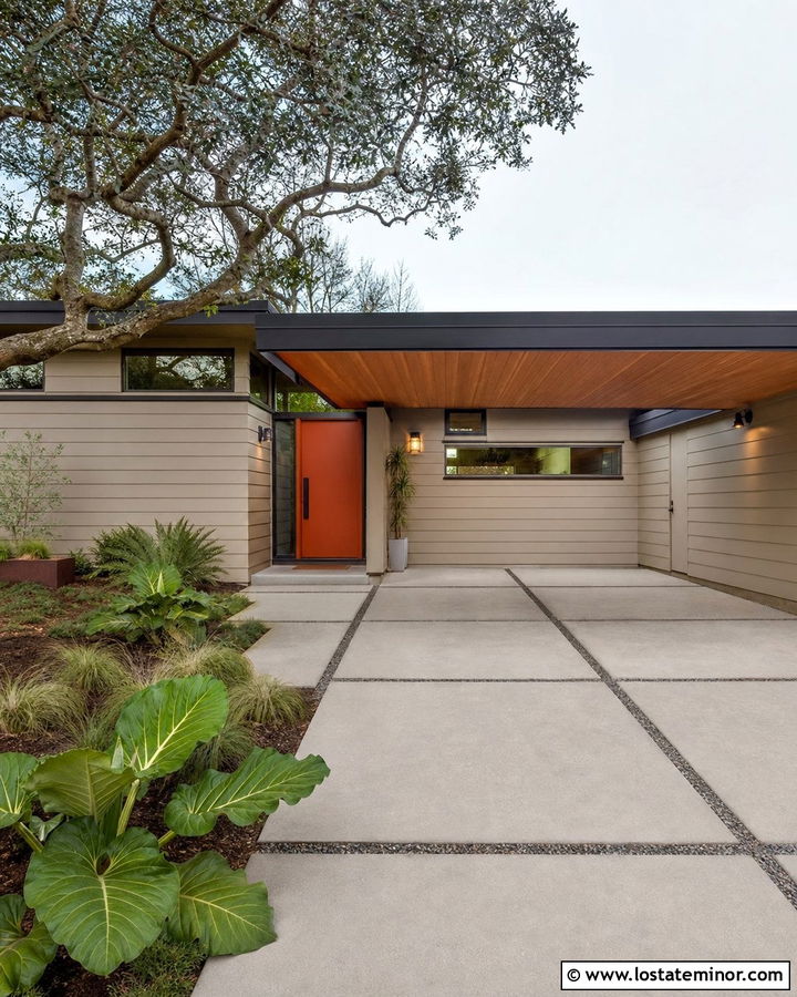 Beige Midcentury House With Cantilevered Carport - 30 Beige House Design With Carport Ideas