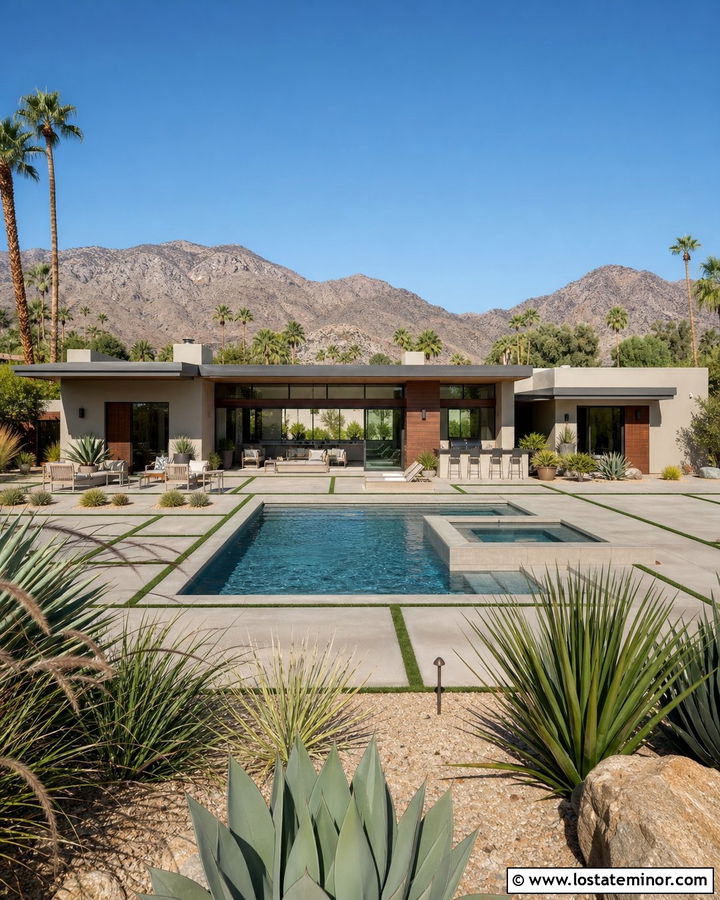 Beige Midcentury House With Geometric Pool - 30 Beige House Design With Swimming Pool Ideas