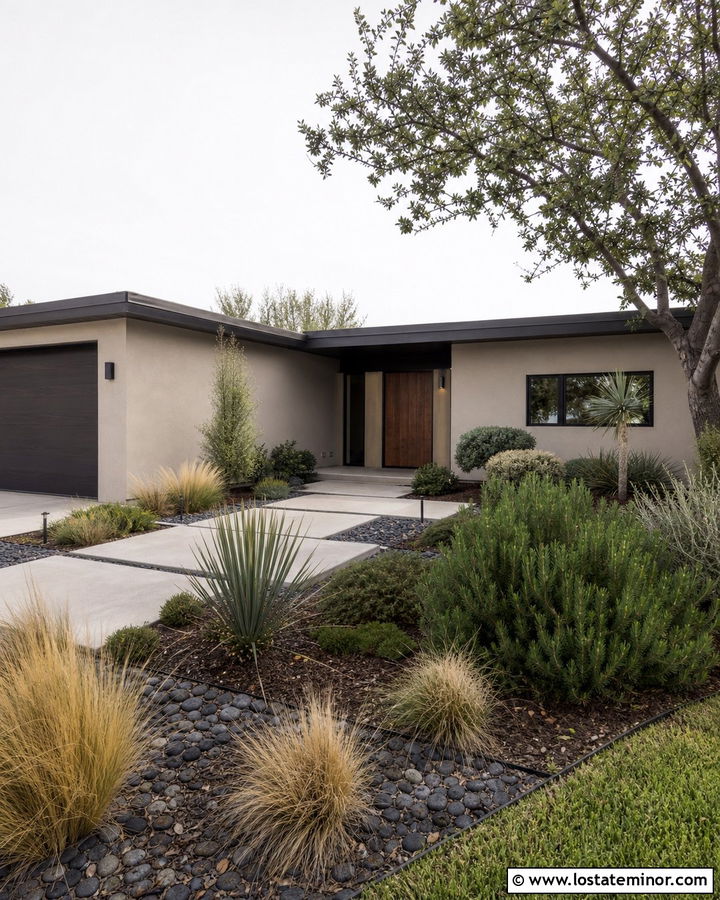 Beige Midcentury House With Minimal Front Yard - 30 Beige House Design With Front Yard Ideas
