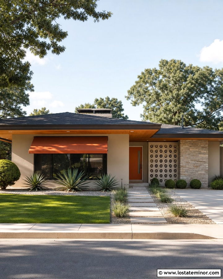 Beige Midcentury House With Orange Awning - 30 Beige House Design With Awning Ideas