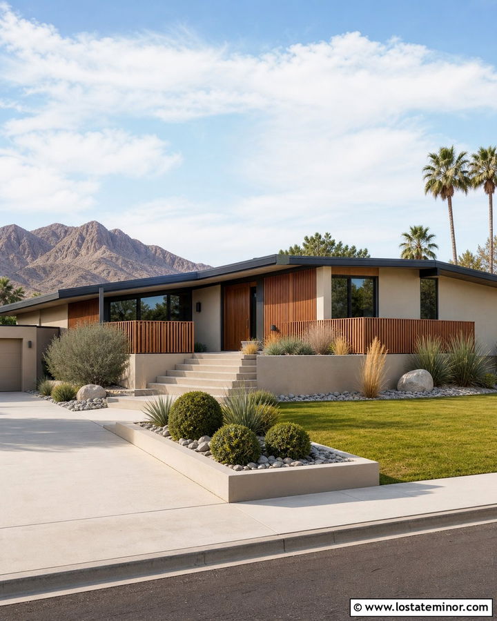 Beige Midcentury House With Wood Slat Railings - 30 Beige House Design With Railings Ideas