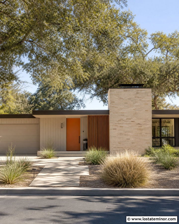 Beige Midcentury Modern House With Block Chimney - 30 Beige House Design With Chimney Ideas
