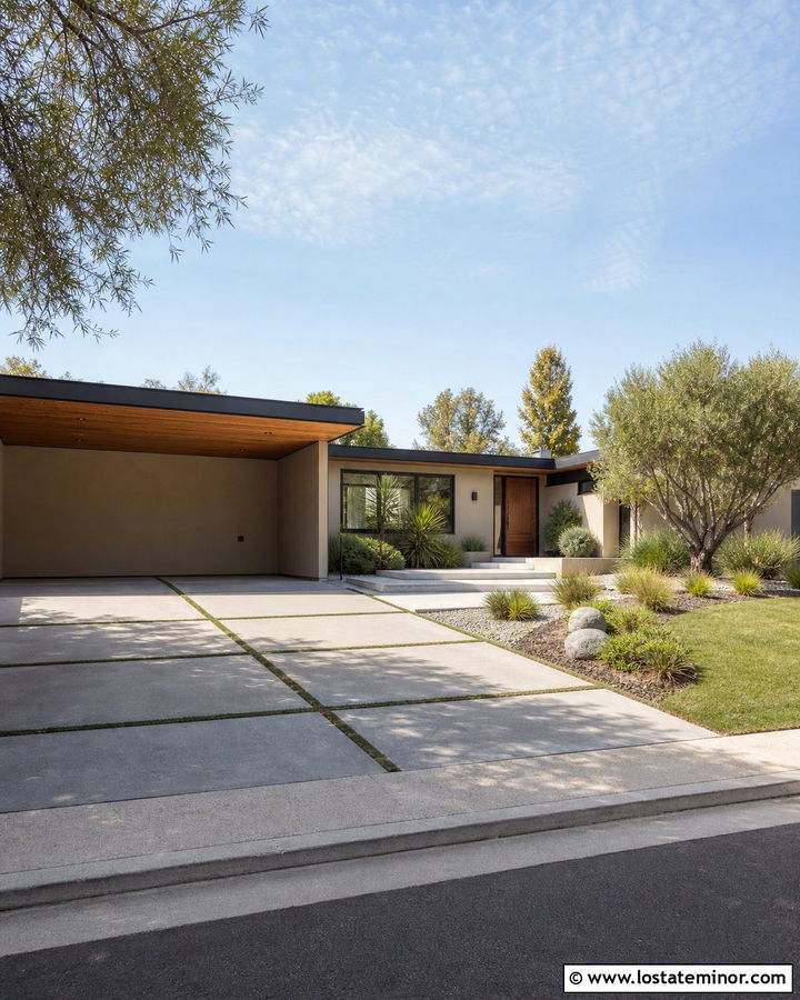 Beige Midcentury Modern House With Concrete Grid Driveway - 30 Beige House Design With Driveway Ideas