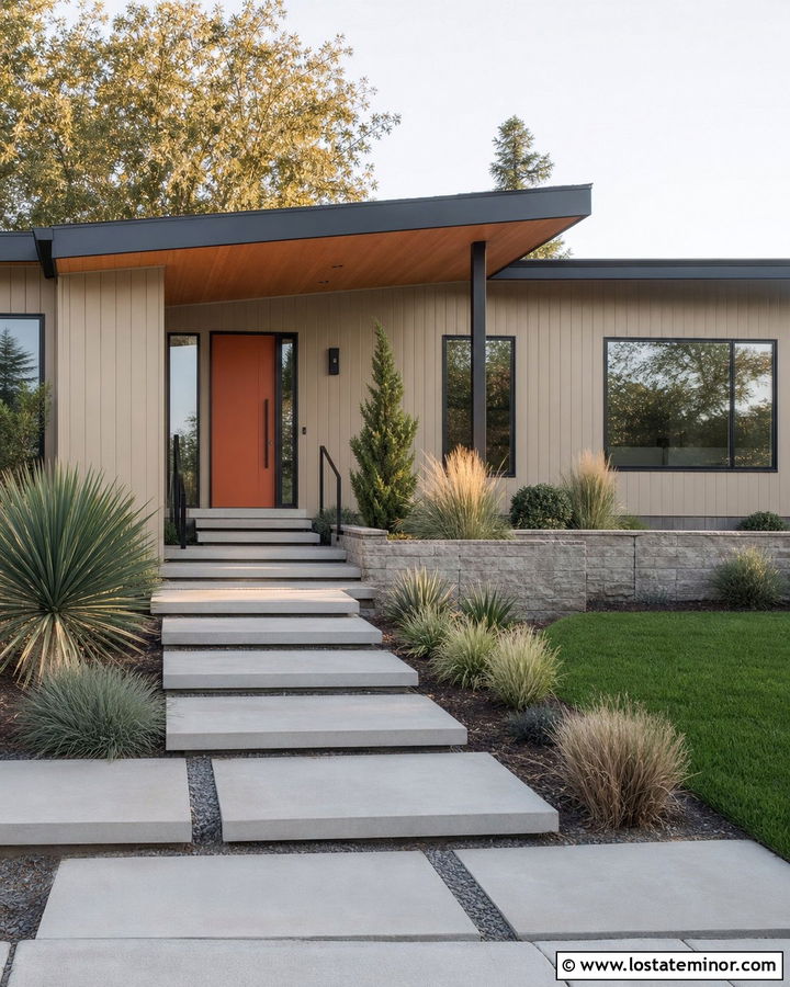 Beige Midcentury Modern House With Paver Steps - 30 Beige House Design With Steps Ideas