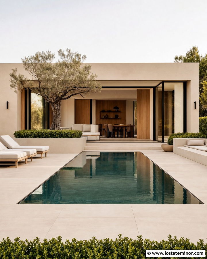 Beige Minimalist House With Reflecting Pool - 30 Beige House Design With Swimming Pool Ideas