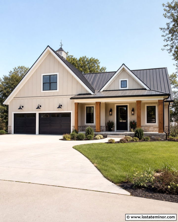 Beige Modern Farmhouse With Black Barn Lights - 30 Beige House Design With Light Fixtures Ideas