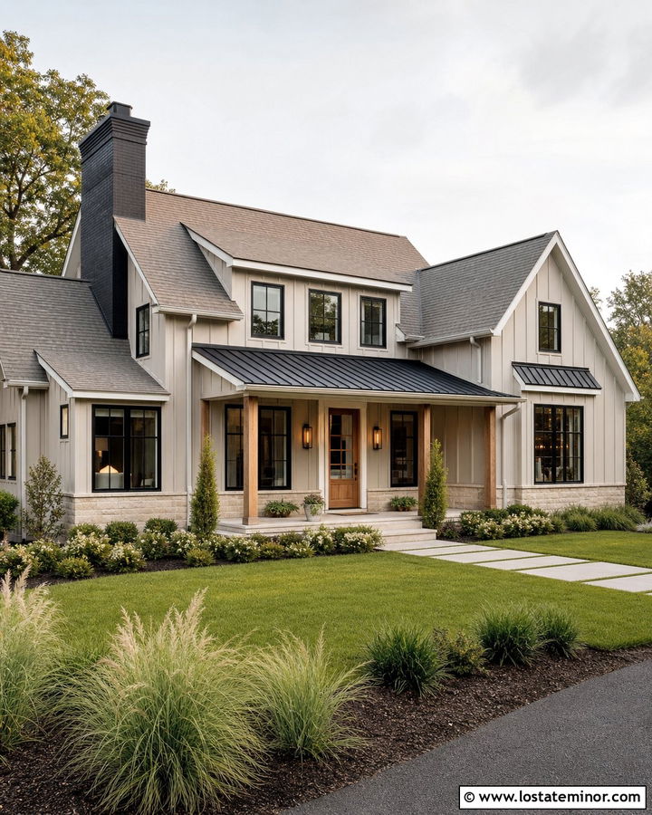 Beige Modern Farmhouse With Black Chimney - 30 Beige House Design With Chimney Ideas
