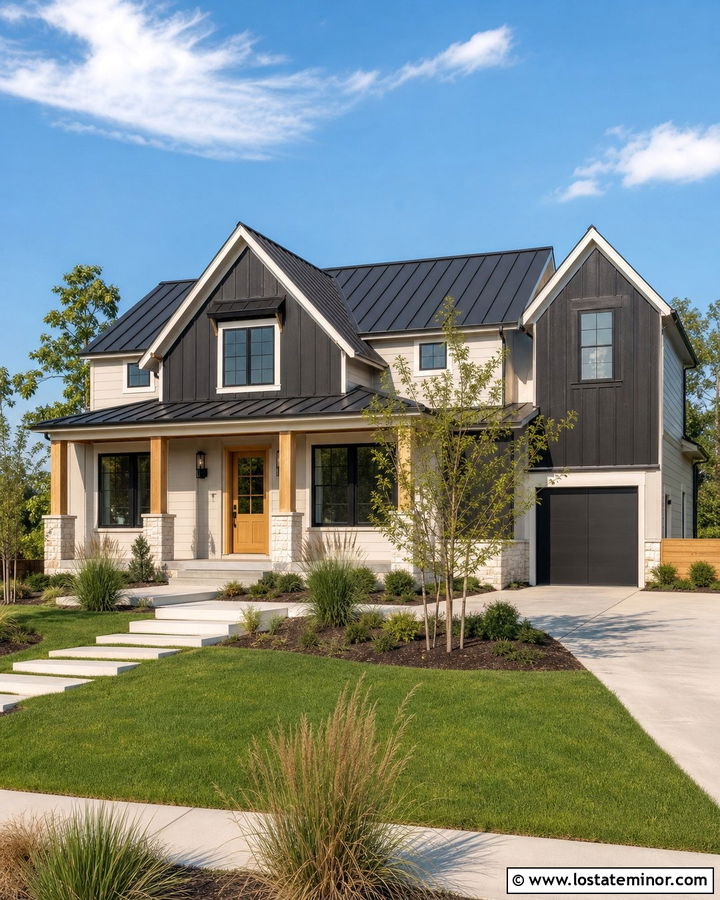 Beige Modern Farmhouse With Black Gables - 30 Beige House Design With Gables Ideas