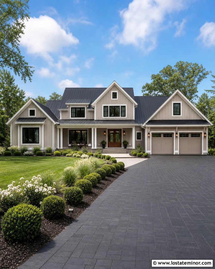 Beige Modern Farmhouse With Black Paver Driveway - 30 Beige House Design With Driveway Ideas
