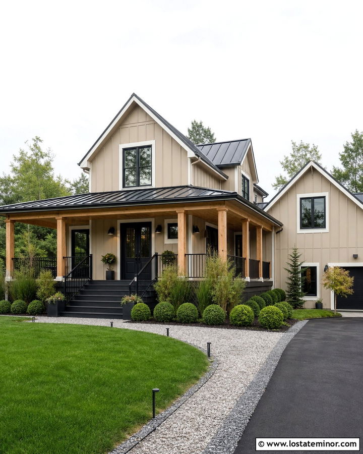 Beige Modern Farmhouse With Black Steps - 30 Beige House Design With Steps Ideas