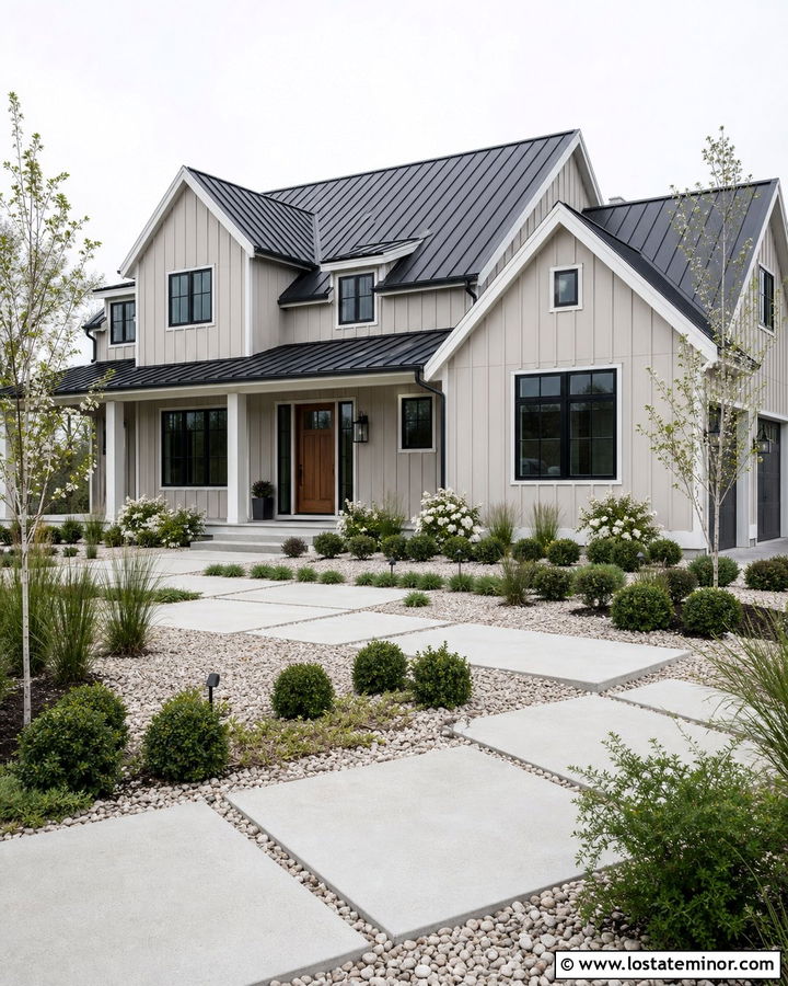 Beige Modern Farmhouse With Gravel Garden - 30 Beige House Design With Front Yard Ideas