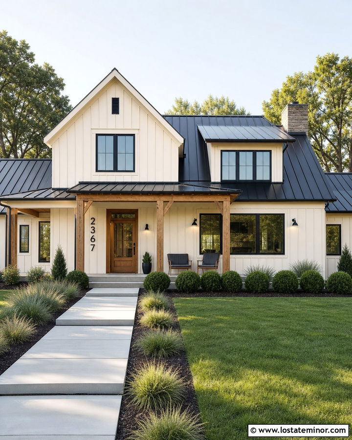 Beige Modern Farmhouse With Vertical Numbers - 30 Beige House Design With House Numbers Ideas