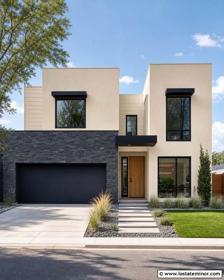 Beige Modern House With Flat Black Awnings - 30 Beige House Design With Awning Ideas