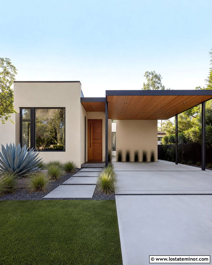 Beige Modern House With Flat Roof Carport - 30 Beige House Design With Carport Ideas