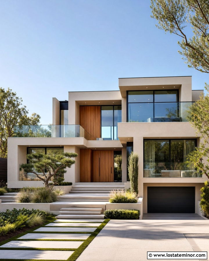 Beige Modern House With Glass Railings - 30 Beige House Design With Railings Ideas