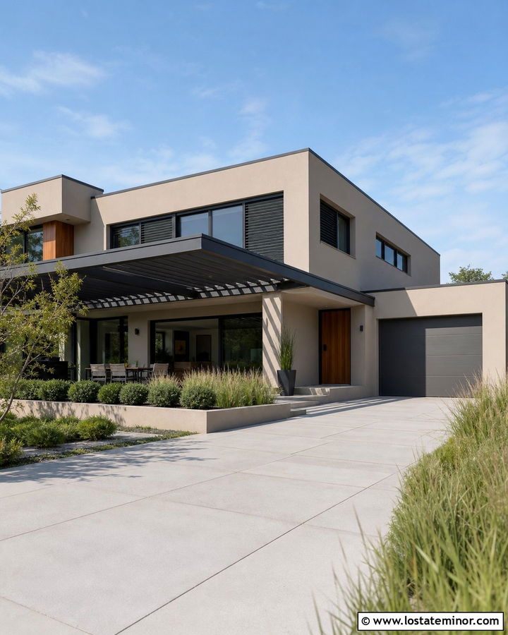 Beige Modern House With Louvered Pergola - 30 Beige House Design With Pergola Ideas