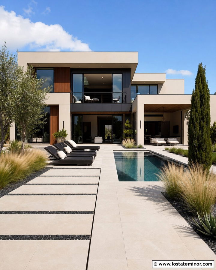Beige Modern House With Pool Deck - 30 Beige House Design With Backyard Ideas