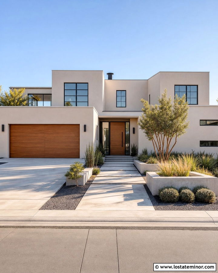 Beige Modern House With Raised Planters - 30 Beige House Design With Front Yard Ideas